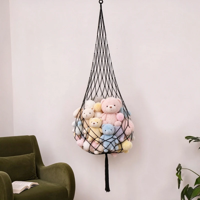 1pcs Hanging Toy Storage Cotton Rope Hanging Net Hand-woven Plush Toy Storage Net Bag Bohemian Toy Hammock