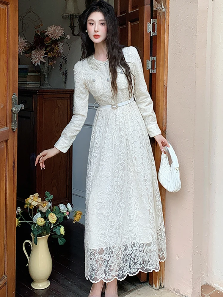 Vestido internacional de encaje Jacquard para mujer, ropa de fiesta ajustada de manga larga para otoño, vestido de fiesta de Festival de lujo coreano 2025