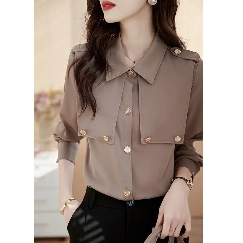 Chiffon Shirt Women\'s Long Sleeved Design Has a Niche and Drooping Feeling with a Western Style That Covers the Stomach The Top