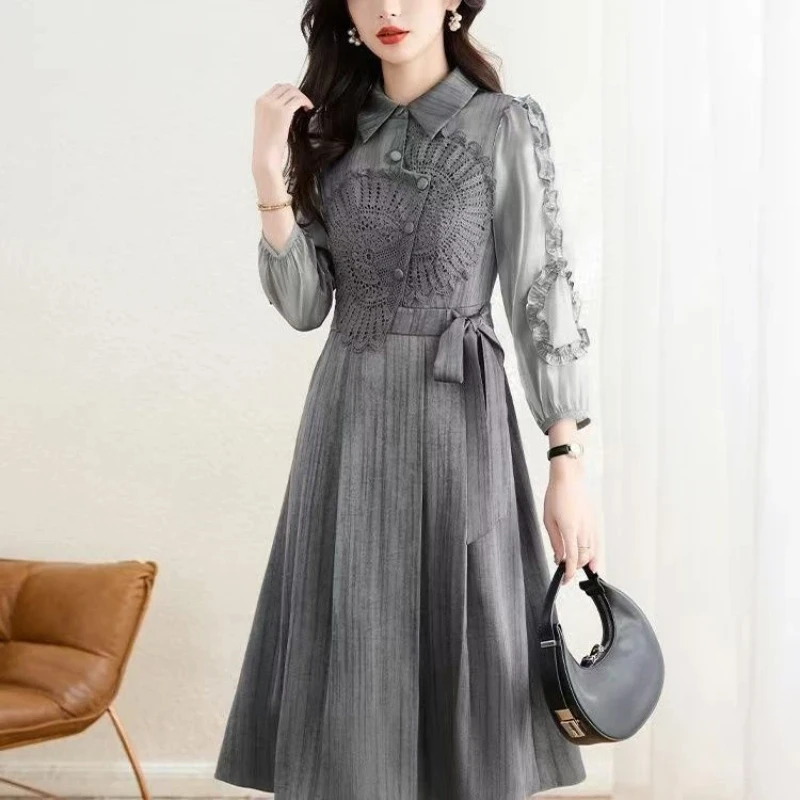 

Elegant Women's Midi Dress With Lace Detailing And Belted Waist For Spring Autumn Wear
