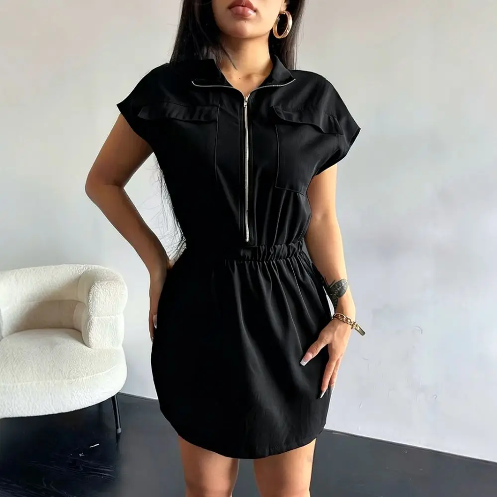 Womens Bodycon Cargo Dress Short Sleeve Slim Fit Polo Collar Mini Dresses Fashion Casual Commuter Utility Office Clothing