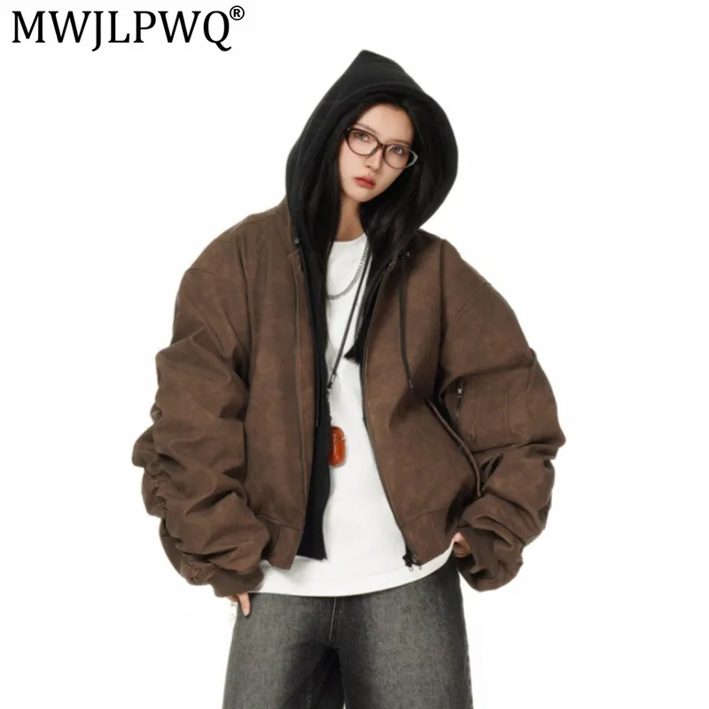 MWJLPWQ Fake Two-Piece Cotton Coat Men's American Retro Streetwear Unisex Hooded Trendy Autumn Winter Flight Jacket 20657