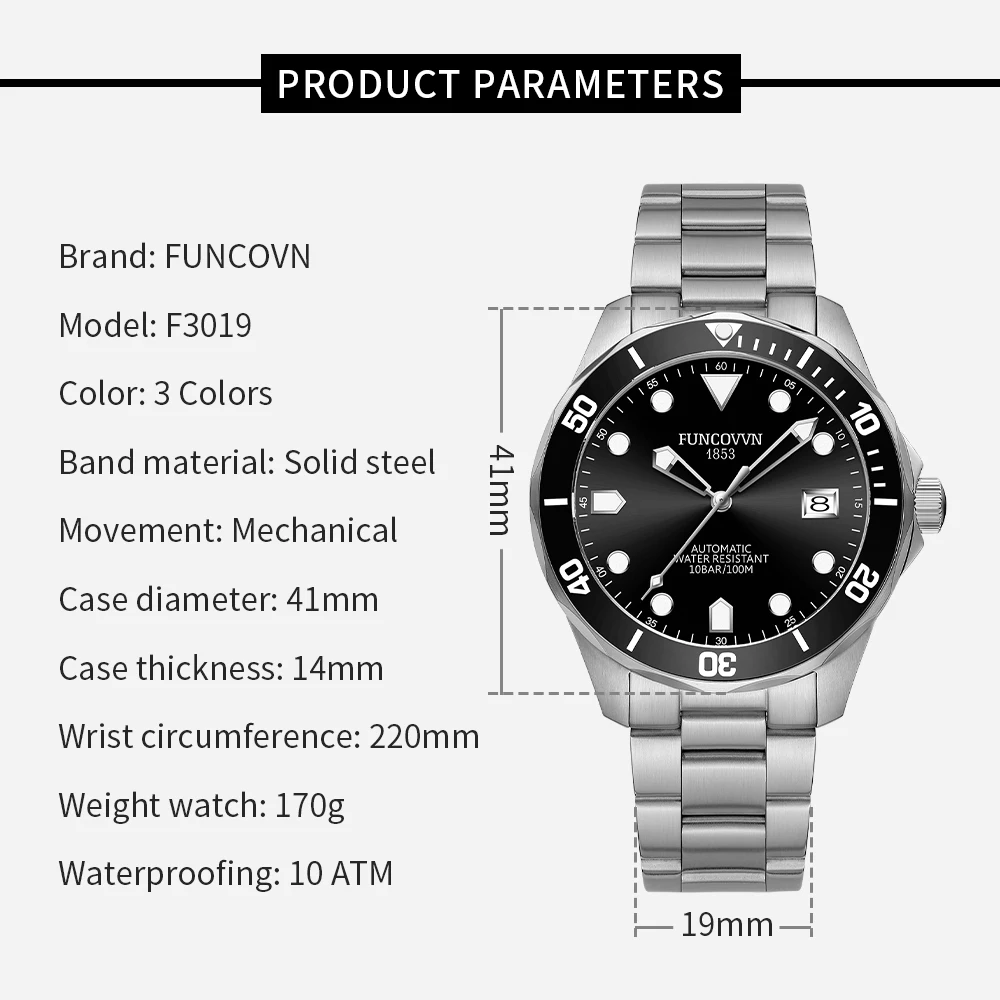 FUNCOVVN Vintage 41mm Diver Watch for Men Luxury NH35 Automatic Mechanical Sapphire 316L Steel Waterproof Dress 100m Relojes