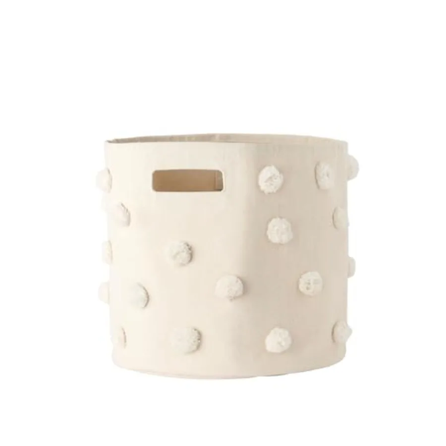 

Pom Pom Basket Bin Natural 100% Cotton Canvas Storage for Nursery Playroom and Home Decorative Organizer 13"D x 12"H