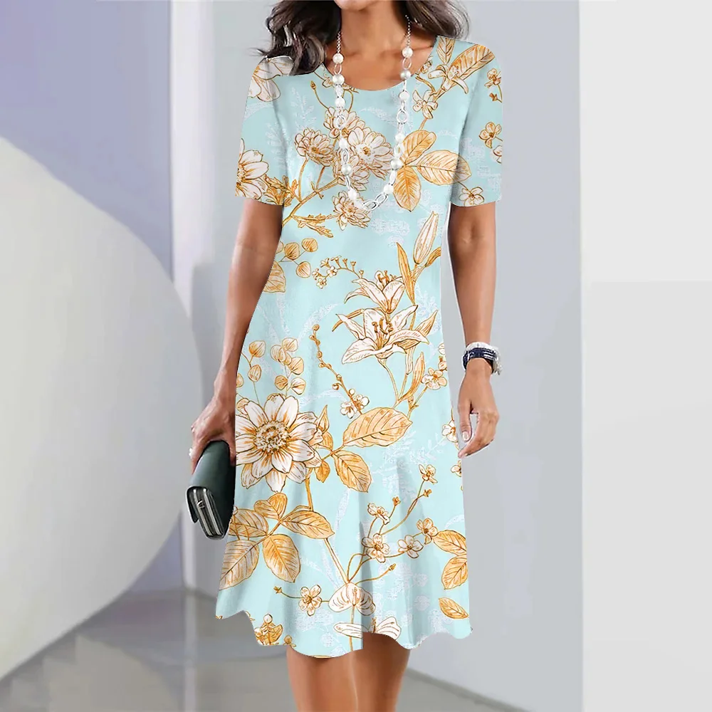 

Hot sale Beach dress for women 3D Flower Plus-size women's dress Fashion street women short sleeve dress Crew-neck floral dress