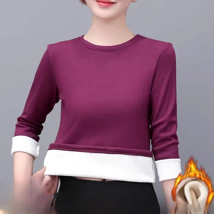 

2024 Women Autumn Winter New Plus Velvet Warm Tops Female Thermal Underwear Slim Tops Ladies Round Neck Bottoming Shirt H452