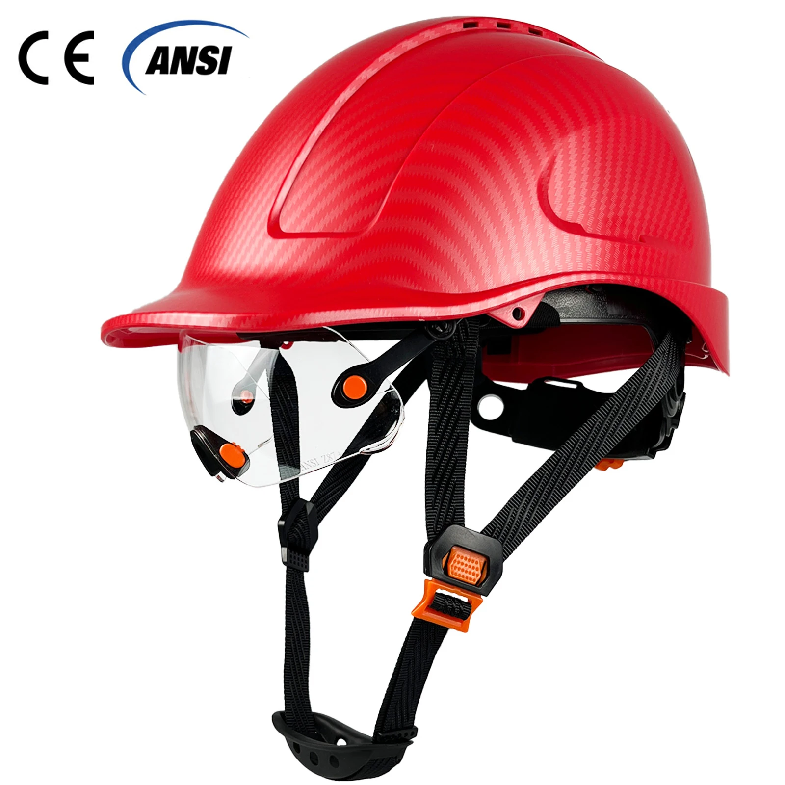 CE Safety Helmet With Visor For Engineer ABS Ansi Hard Hat For Men Vented Industrial Work Head Protection Carbon Fiber Pattern