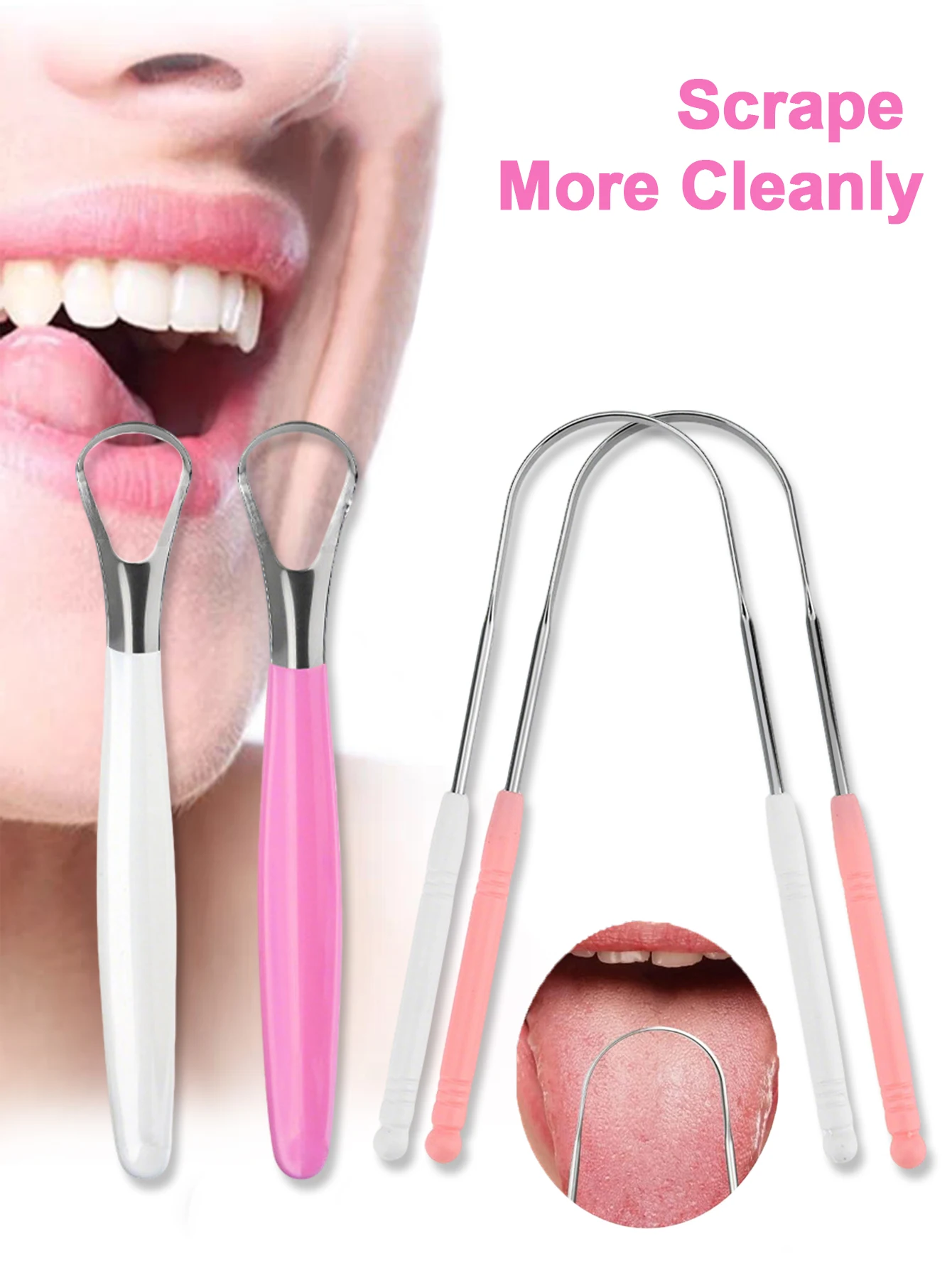 

Скребок для языка из нержавеющей стали, розовый, белый, многоразовый U-образный дизайн, удаление неприятного запаха изо рта, бактерий, инструмент для гигиены полости рта для взрослых