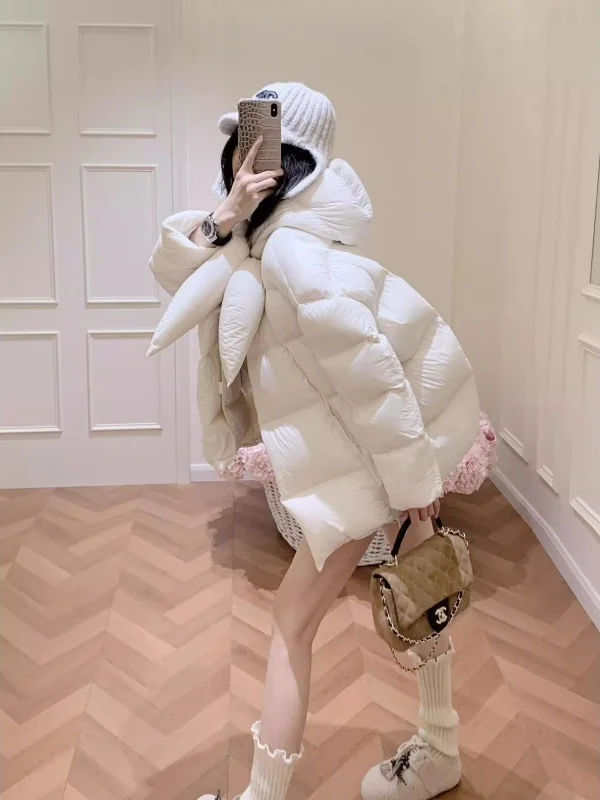 

2025 New White Hooded Thick Cotton Jacket Women's Fashionable Versatile Autumn Winter Outerwear Elegant Good Looking Coat