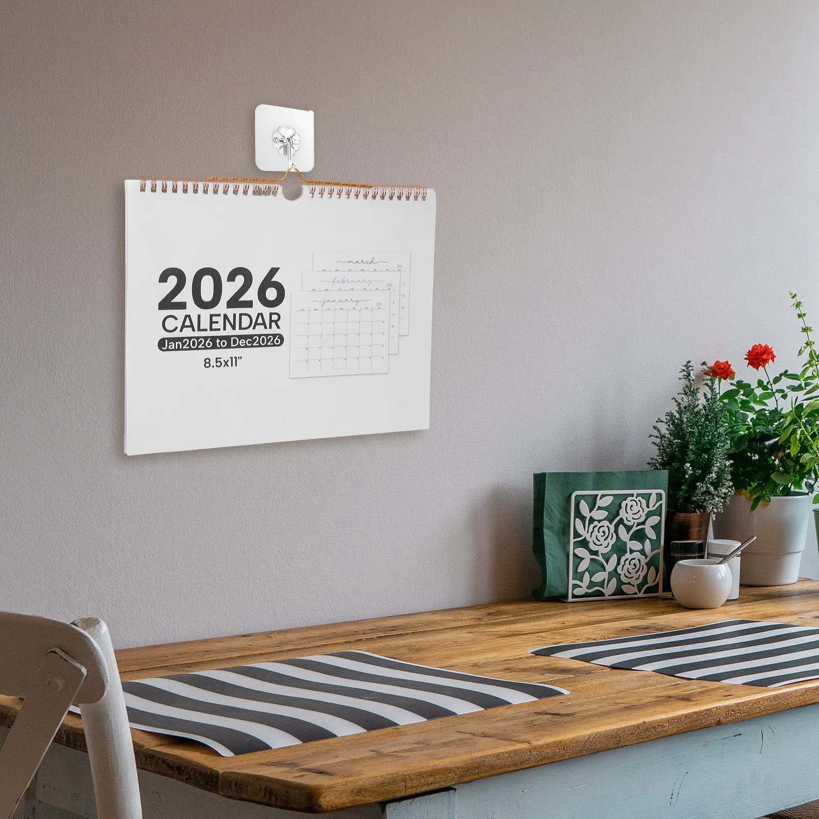 

2026 Wall Calendar Spiral Bound 12 Months Horizontal Hanging Planner Elegant Design Ample Writing Space for Home Office