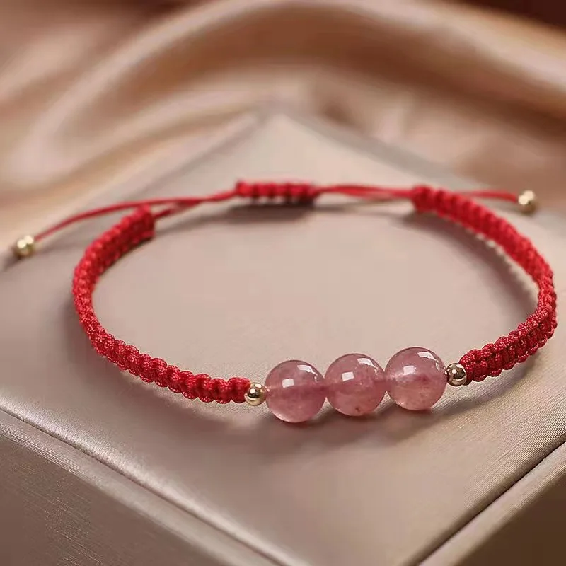 Chinese Style Handmade Strawberry Crystal Couples Bracelet Trendy Design Red Rope for Luck and Love Ideal Gift for Best Friends