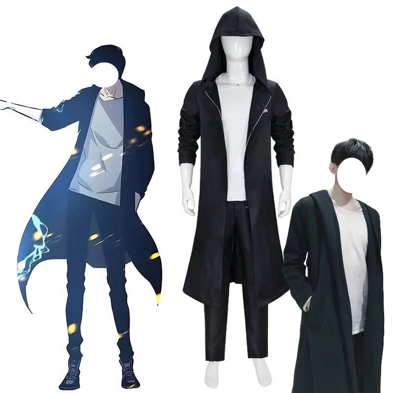 

Anime Sung Jin Woo Cosplay Costume White Short Sleeves Black Pants Long Robe Coat Wig Full Set Role Play Outfit for Men