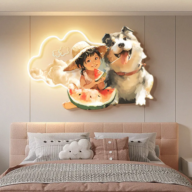 Cream-themed Girl's Child Room Decor Cartoon Cat Princess Room Hanging Art Cute Pet Bedroom Bedhead Wall Painting Light