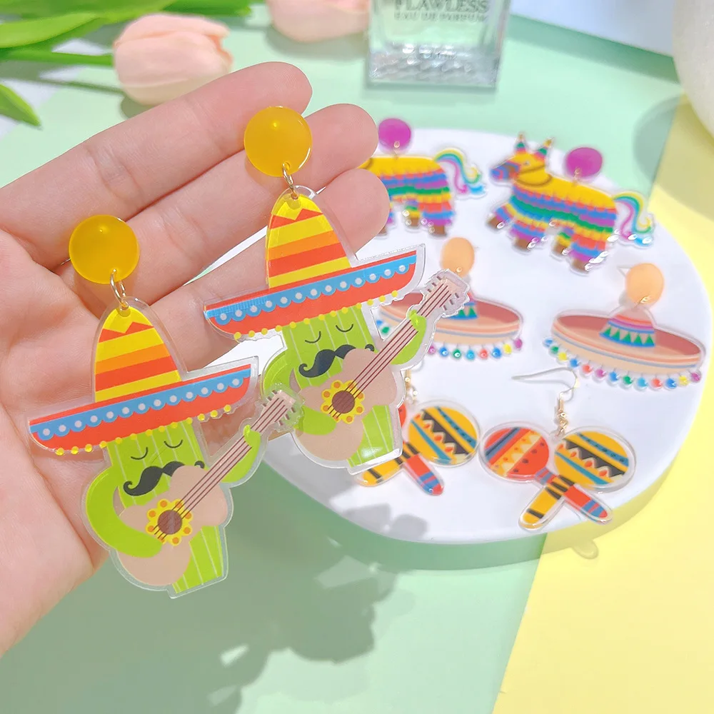 Mexican Acrylic Earring For Women Chili Racket Hat Skull Avocado Charms Drop Earrings Jewelry Custom Women Party Gift