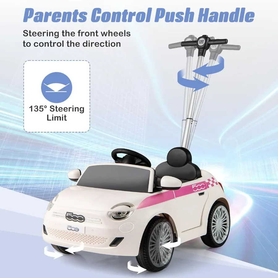 Push Car for Toddlers, 3 in 1 Licensed Fiat 500e Baby Sliding Walking with Parent Control Handle Adjustable Canopy Footrest, Kid