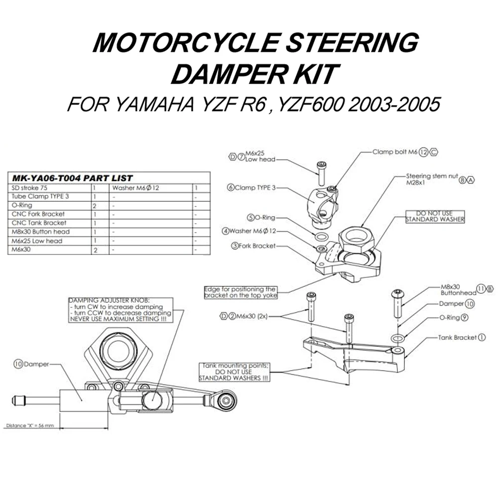 Motorcycles Steering Stabilize For YAMAHA YZF600 YZF R6 2003 2004 2005 Damper Bracket Mount Kit