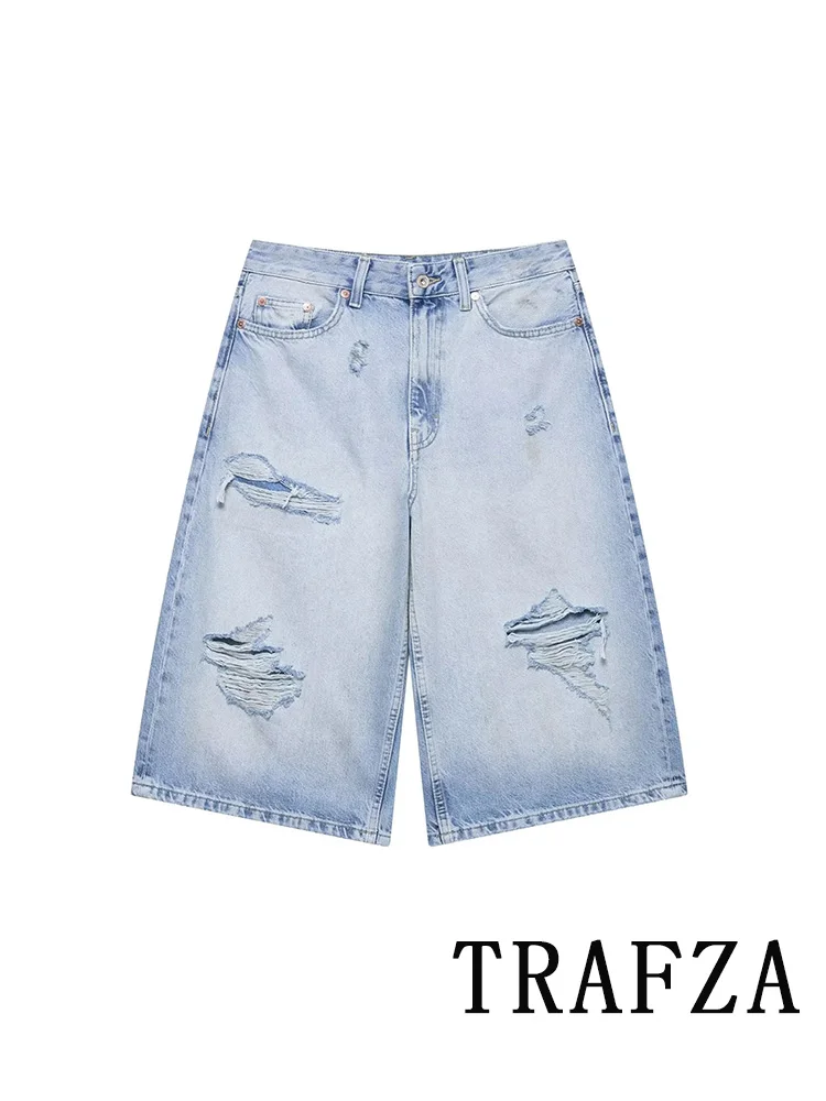 

TRAFZA Vintage Casual Chic Denim Women Shorts Solid Pockets Zipper Straight Shorts New Fashion 2025 Spring Summer Holiday Shorts
