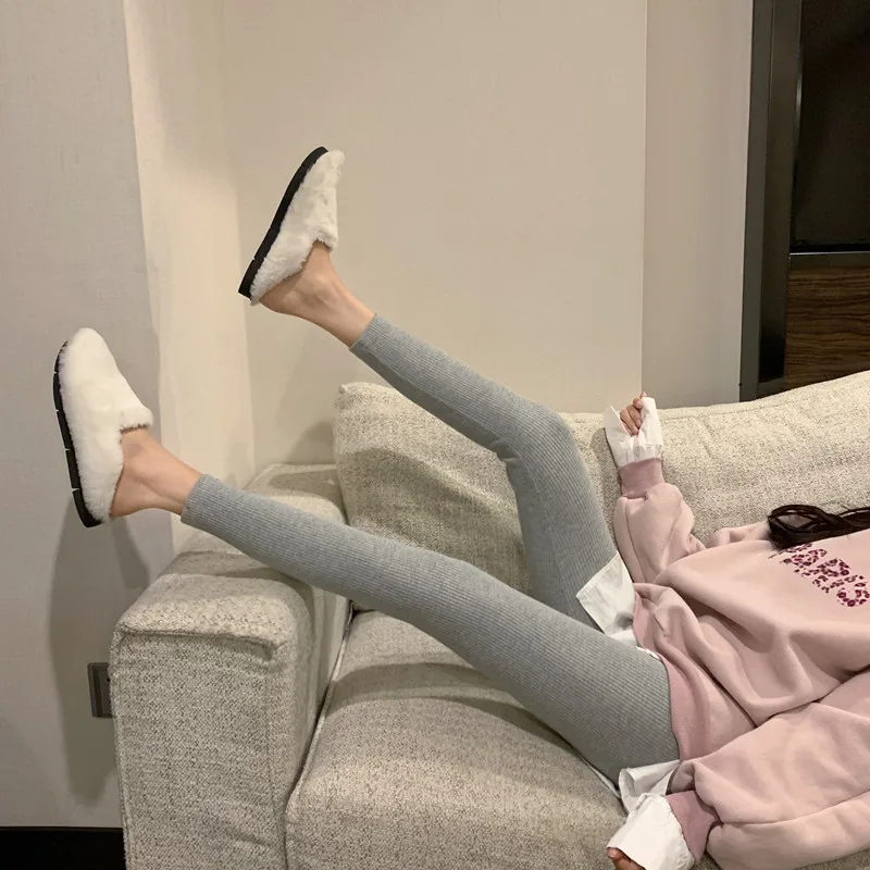Women Fleece Lined Ribbed Leggings Winter Thick Warm High Waist Slim Fit Skinny Pencil Pants Casual Trousers