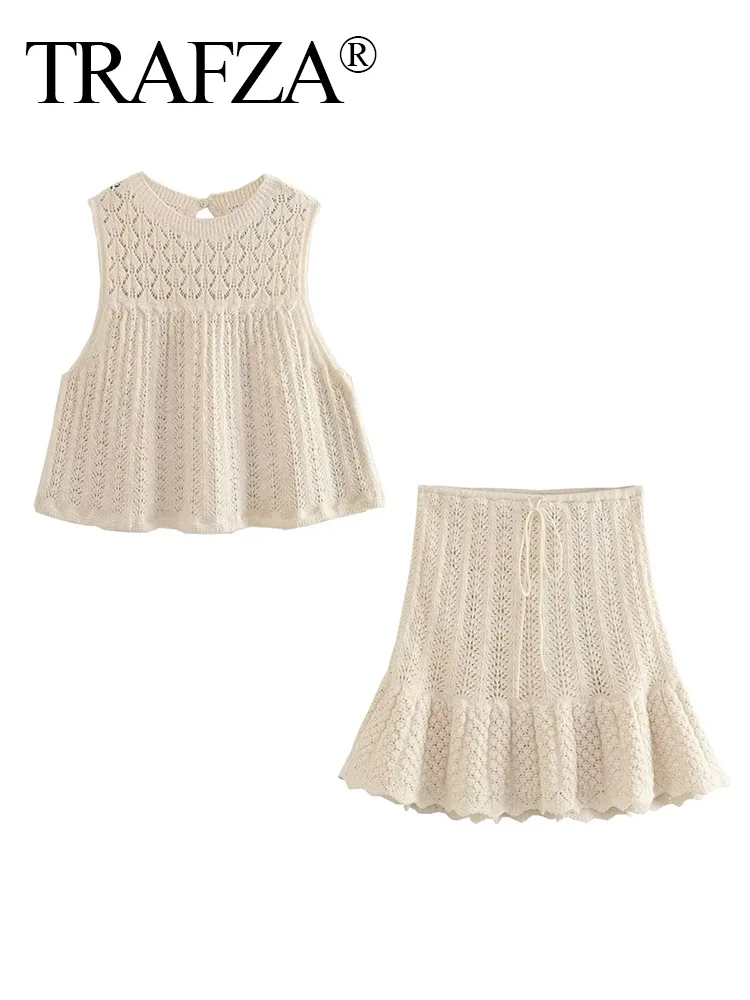 TRAFZA-traje de 2 piezas de cuello redondo para mujer, Top de punto de malla Jacquard sin mangas, Falda plisada con cordones de cintura alta elegante, Verano