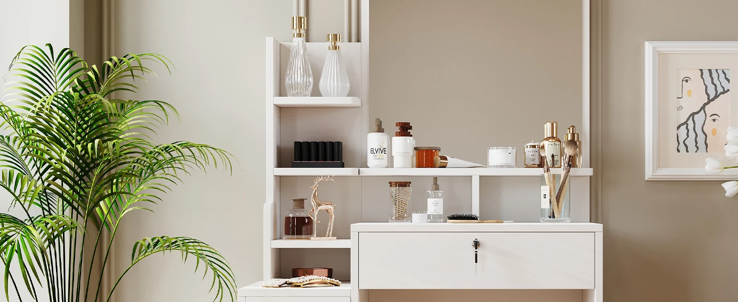 White modular shelving unit with open shelves and cabinet. Displays decorative items, plants, and bathroom products. Palm plant in foreground, framed artwork on wall.