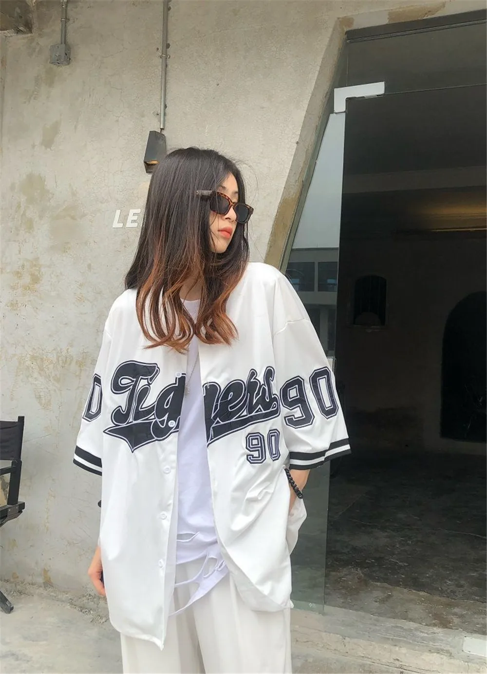 Women Fashion Trend Button Streetwear Sport Top Baseball Tshirt Number 90 Oversized Casual Training Tee Baseball Jersey