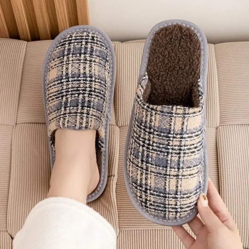 Winter Warm Cotton Slippers Plaid Fuzzy Couple Indoor Home Cozy Non Slip Easy Clean Fashion Unisex Cloth Shoes New
