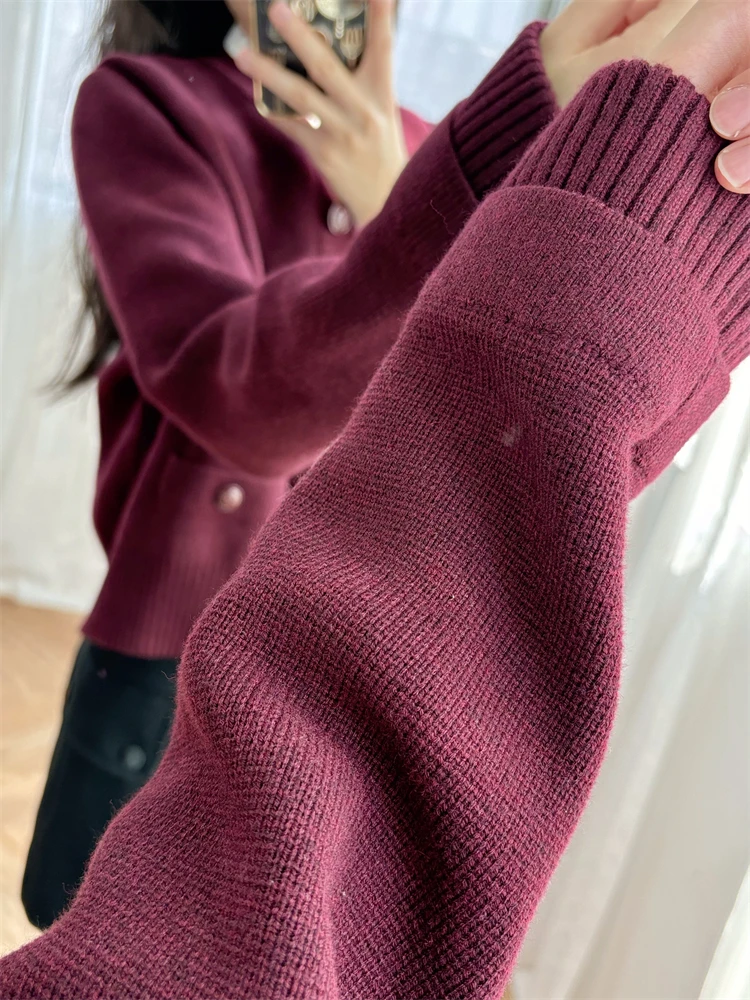 New 2024 High Quality Women Sweater Embroidery Wine Red Cardigan Stand Collar Buttons Elegant Design Trendy Stylish Casual S