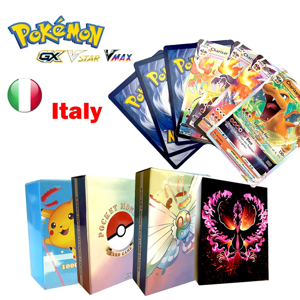 Karty Pokemon włoskie litery trener Pikachu Charizard figurki Anime bitwa Flash karty VSTAR Vmax Gx karty energii dla dzieci zabawki