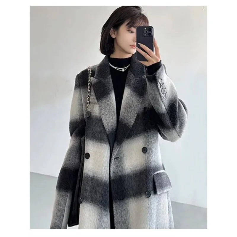 version of British versatile high-end gradual change plaid double-sided woolen knee wool cashmere coat thin woolen coat women