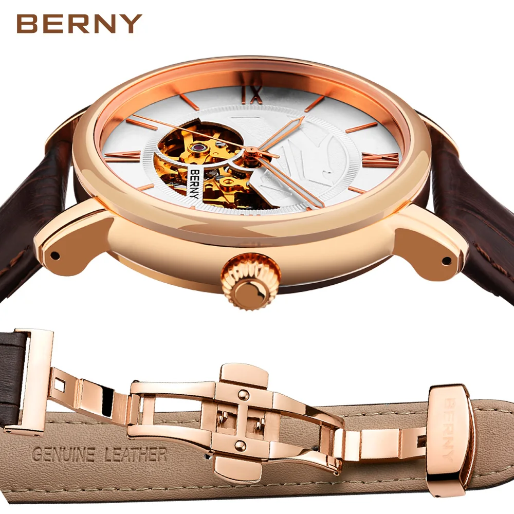 BERNY Men Automatic Mechanical Watch BERNY 8N24 Skeleton Watches Self Winding Sapphire 5Bar Waterproof Luxury Gold Wristwatch