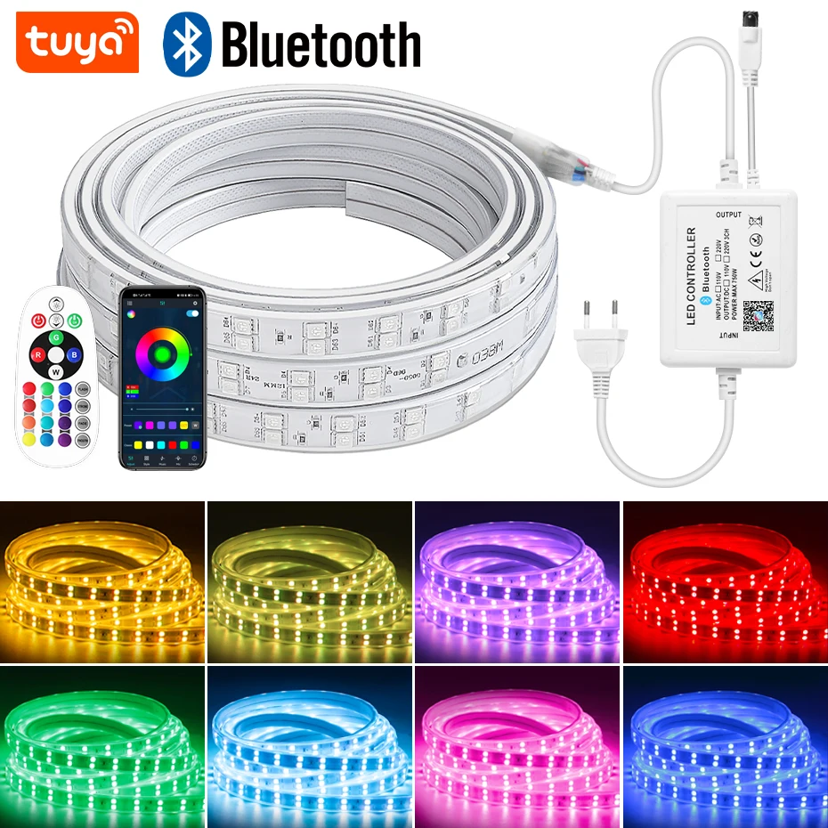 

Tuya Smart RGB LED Strip Light AC 220V Remote/Bluetooth/Wifi Control Led Tape Lights SMD 5050 Waterproof Flexible Ribbon 1-100m