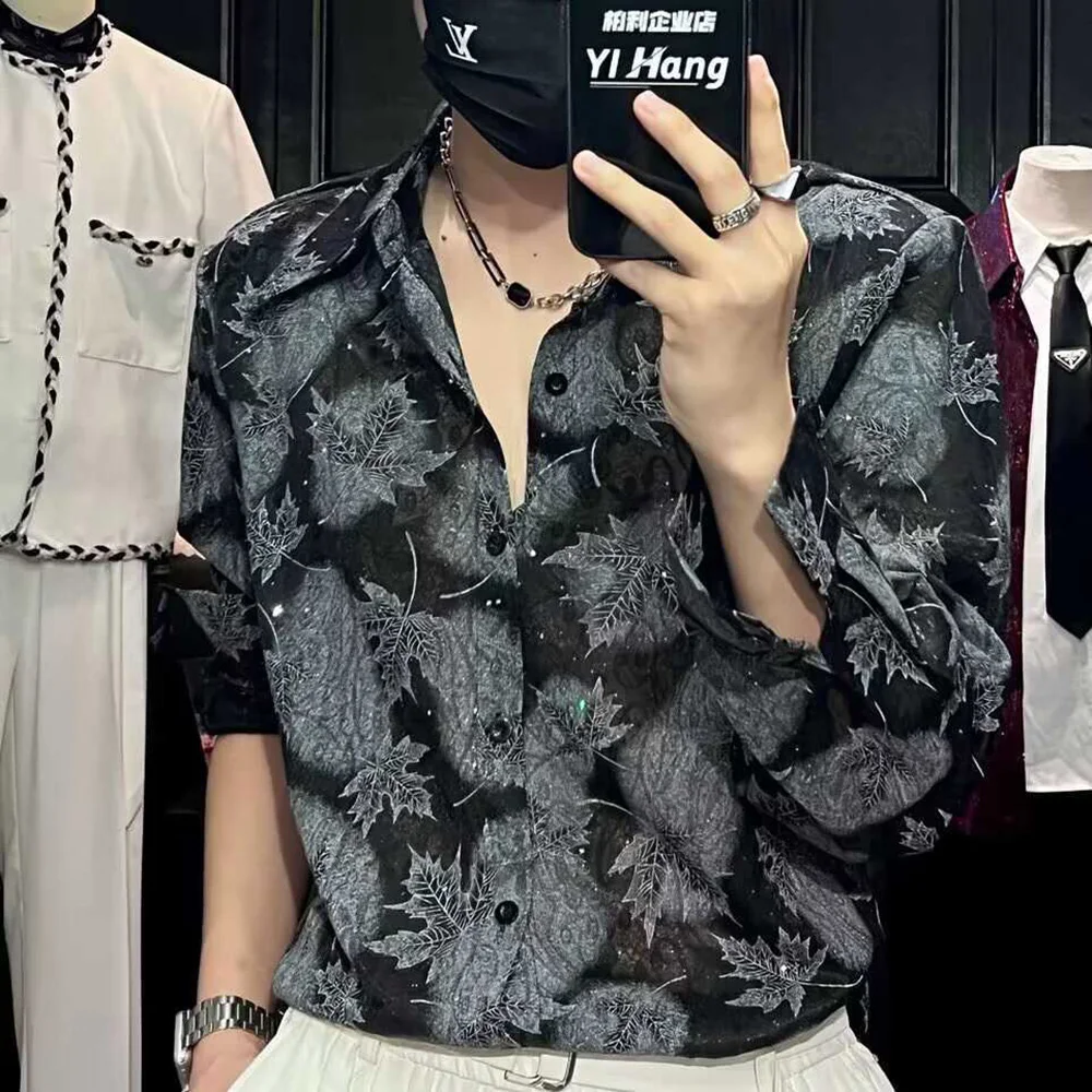 Mens Shirt Maple Leaf Printed Sophisticated Casual Shirt Summer Fashion Modern Youth Dark Style Loose Thin Long Sleeve Top 2024