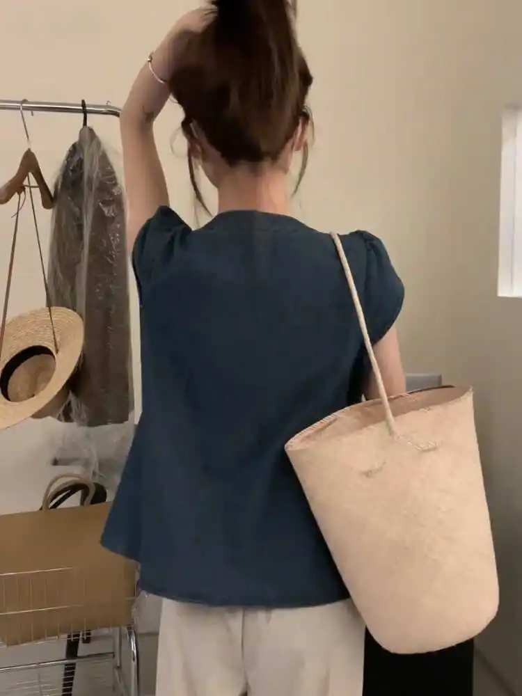 Lässiges, sommerliches, dünnes, lockeres Damen-Denim-Irt-Round-Ne-Plissee-Swe-Top, faionable, vielseitig einsetzbar, Fly Sve, atmungsaktiv