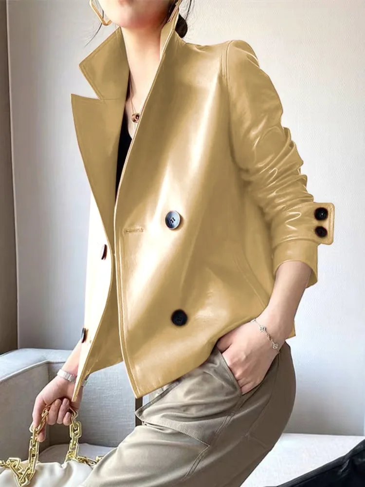 Lemongor Women's Solid Color Faux Leather Jackets 2024 New Autumn Winter Long Sleeves Buttoned Notched Collar Lady Outerwear