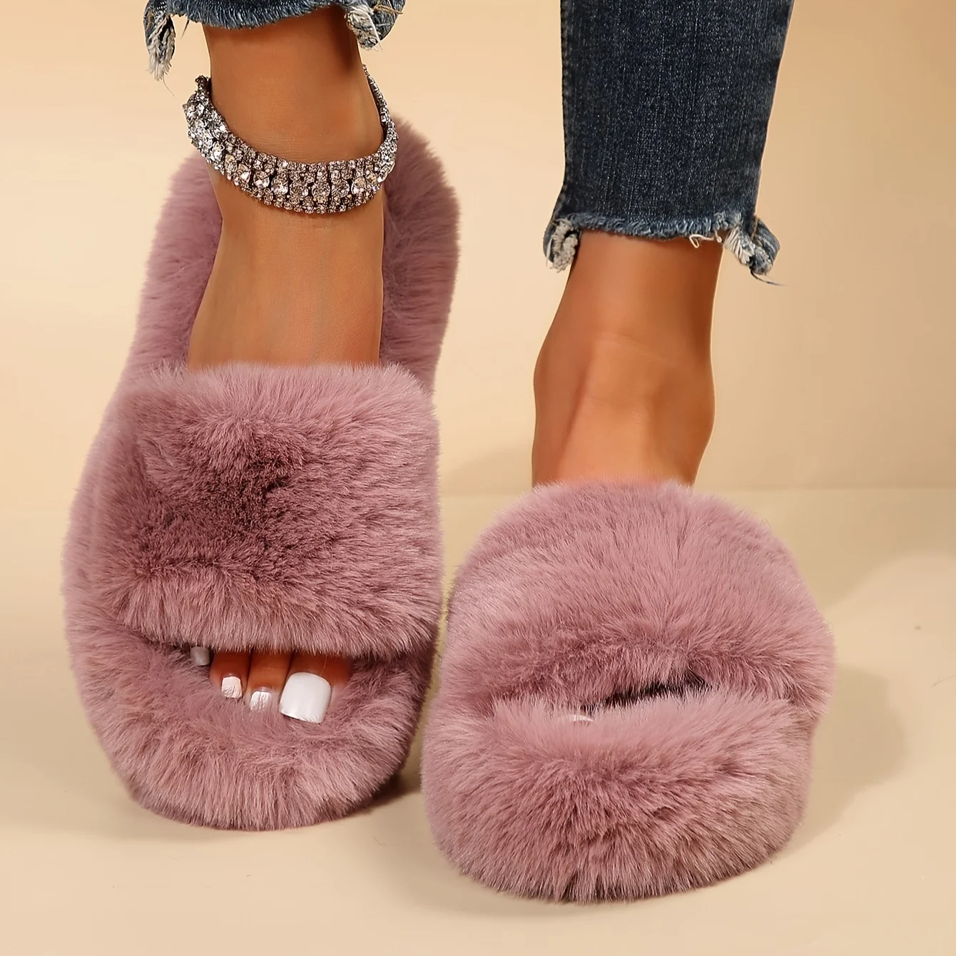 2023 Winter Fluffy Platform Slippers Solid Color Open Toe Cozy Plush Shoes Indoor Outdoor Fuzzy Warm Slippers Large Size Sandals