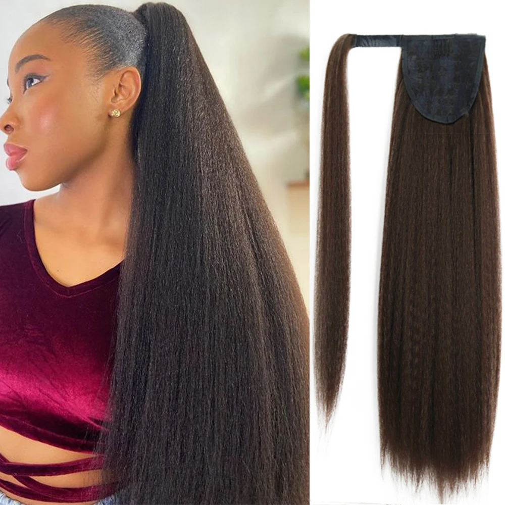 

24 34" Synthetic Long Yaki Straight Ponytail Extension Fake Hair Ponytail Black Blonde Synthetic Hairpiece Wrap Around Clip Hair