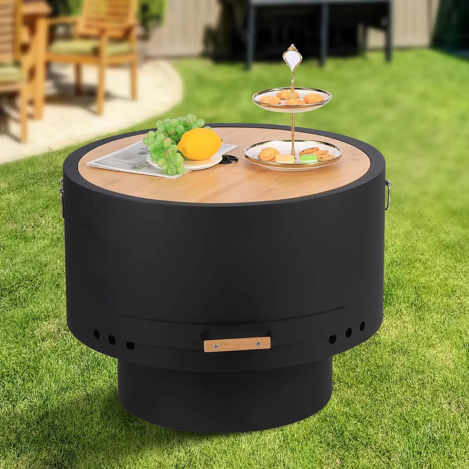 26in Smokeless Fire Pit with Removable Ash Pan, Wood Burning Table with Lid & Poker for BBQ Bonfire Camping, Customized