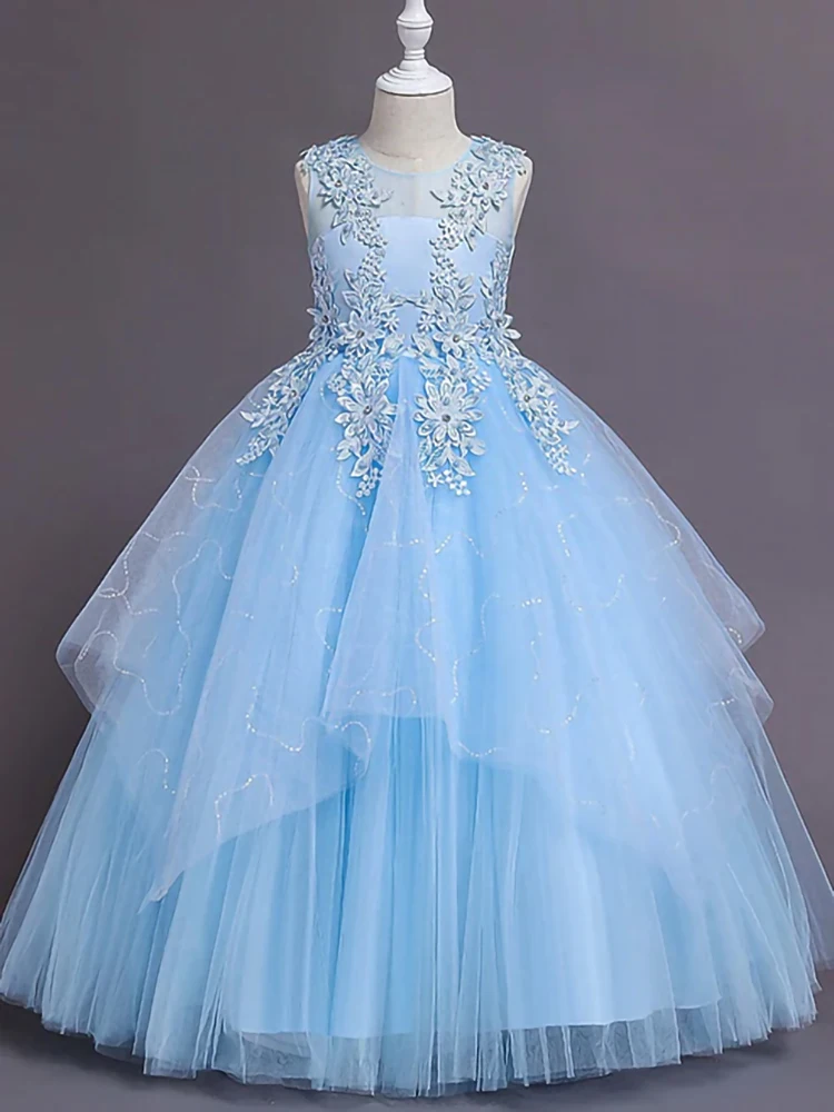 

blue Flower Girl dress Sequins tulle appliques long skirt bespoke formal occasion wedding prom kids birthday elegant gala gown