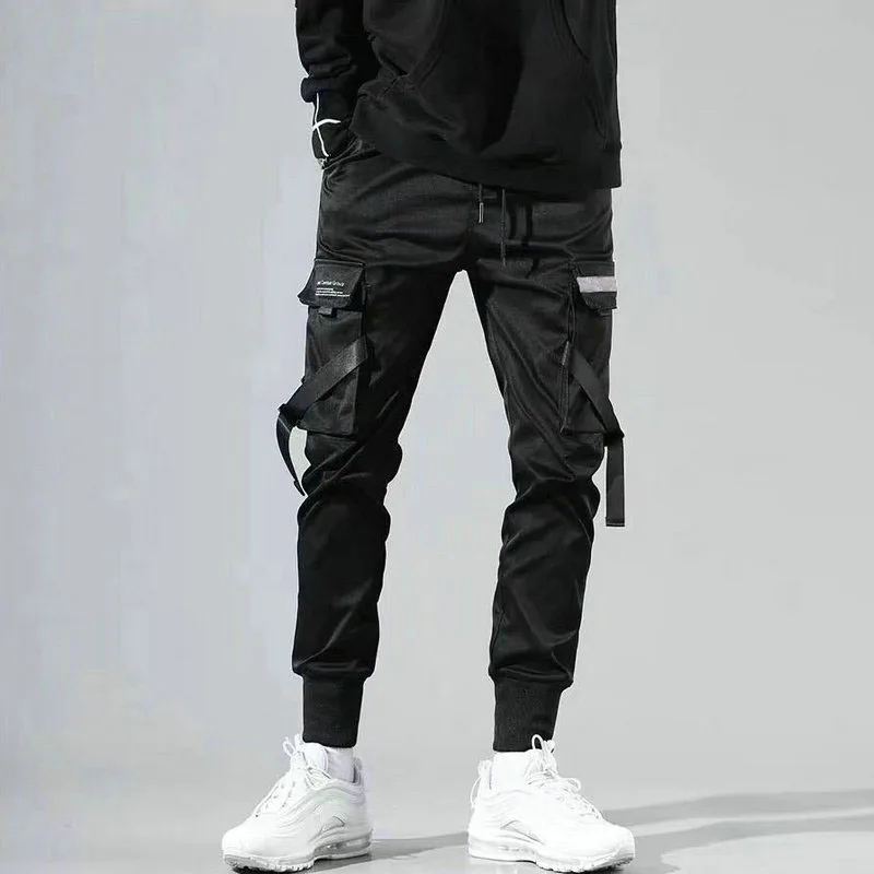 Pantalon Cargo en Coton avec Rubans pour Homme, Streetwear Décontracté, Harajuku, Mode Slim Fit, Jogging Noir, Printemps 2023