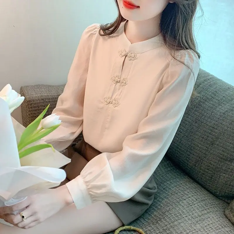 New Chinese Style Stand Up Collar Buckle Long Sleeved Chiffon Shirt for Women with a Versatile Temperament and a Small Top