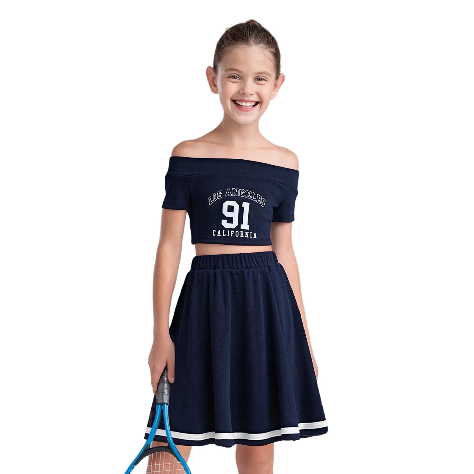 

#8-12Y Kids Girls Sports Outfit Off-Shoulder Letter Printed Crop Top with Micro Skirt for Casual Workout Tennis Sport Outfits