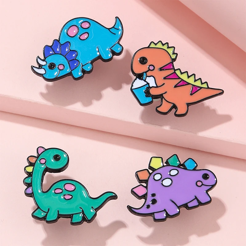 4Pcs/set Cute Dinosaur Shaped Brooches Animal Alloy Badge Buttons for Backpack Clothing Girls Jewelry Gifts