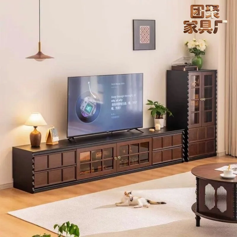 Retro Display Cabinet Chessboard Skeleton Living Room Floor Solid Wood TV Cabinet Antique Module Combination Locker
