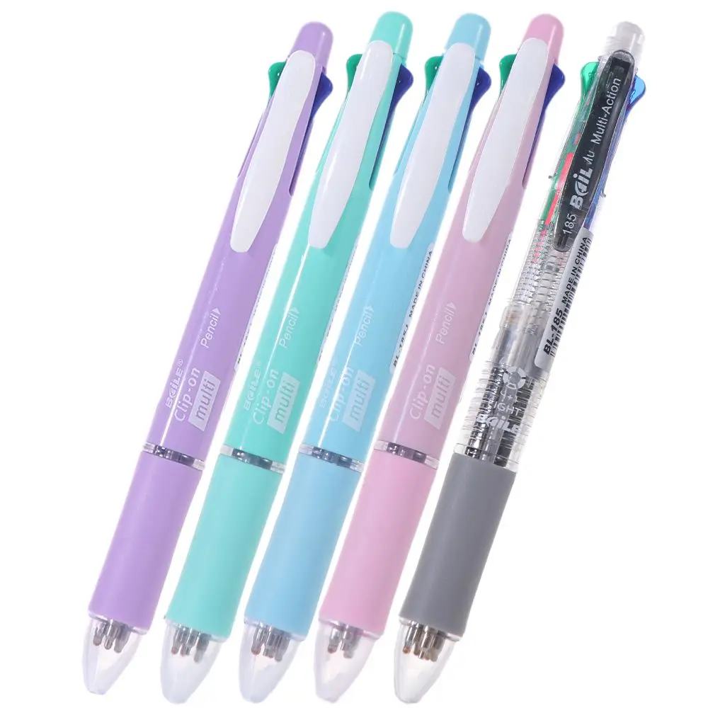 4pcs 4 Colors Ball Pen Multicolor Ballpoint Pens 1 Automatic Pencil 5 in 1 Multicolor Retractable Pen Soft Rubber Grip