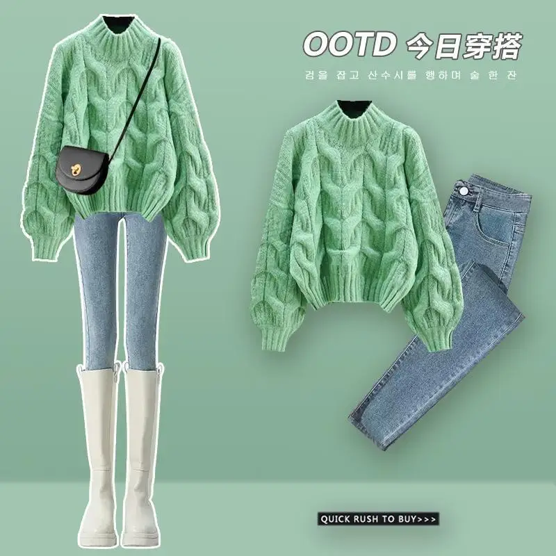 Autumn/Winter Korean New Women\'s Set Half High Collar Knitted Knitted Flower Sweater+Slimming Jeans Two Piece Set