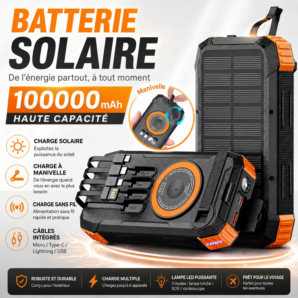 Batterie externe solaire 100000mAh, charge rapide sans fil, chargeur portable, câbles intégrés, lampe torche LED pour le camping, les voyages et les situations d'urgence
