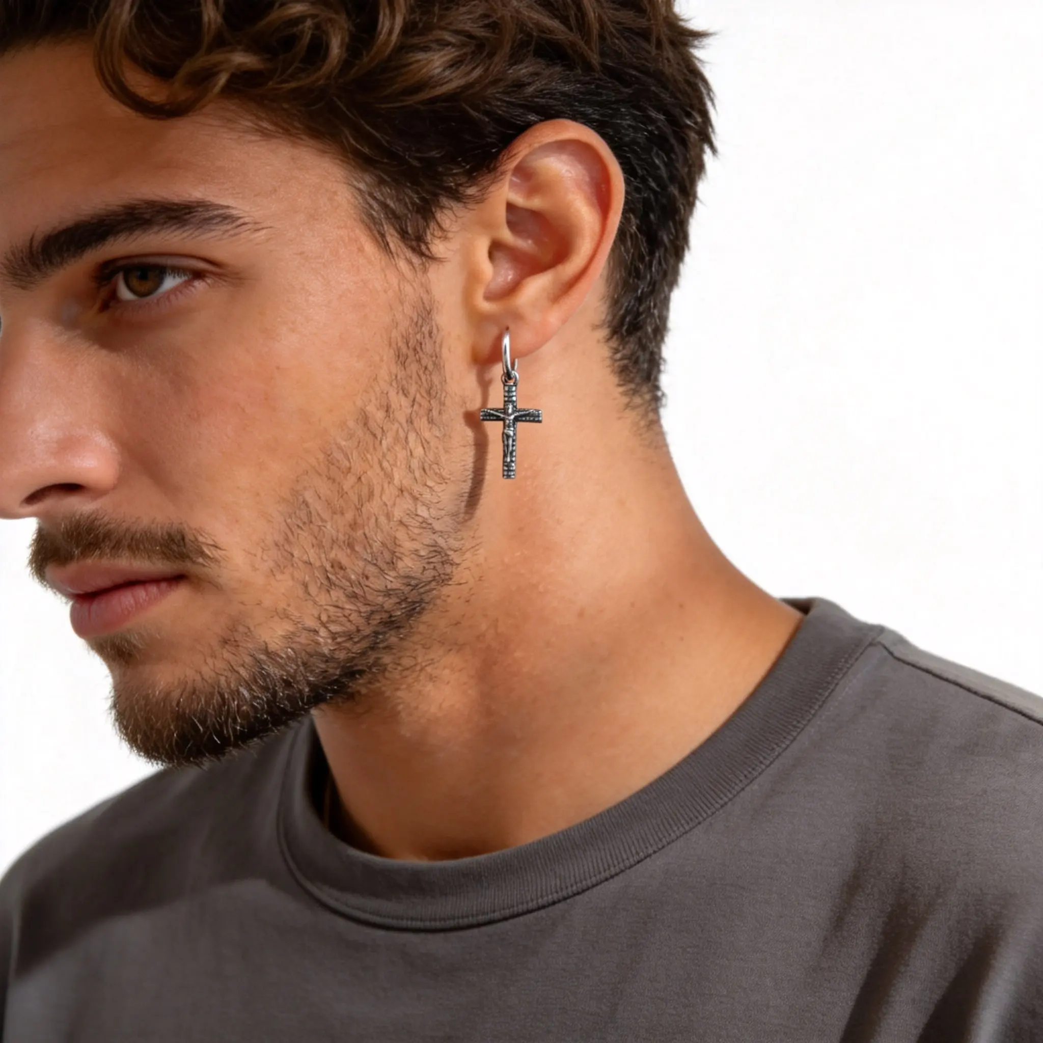 Vintage Kreuz-Ohrringe für Männer, Hypoallergene Edelstahl-Hängeohrringe, Hip-Hop Trendiger Schmuck – Detail 3
