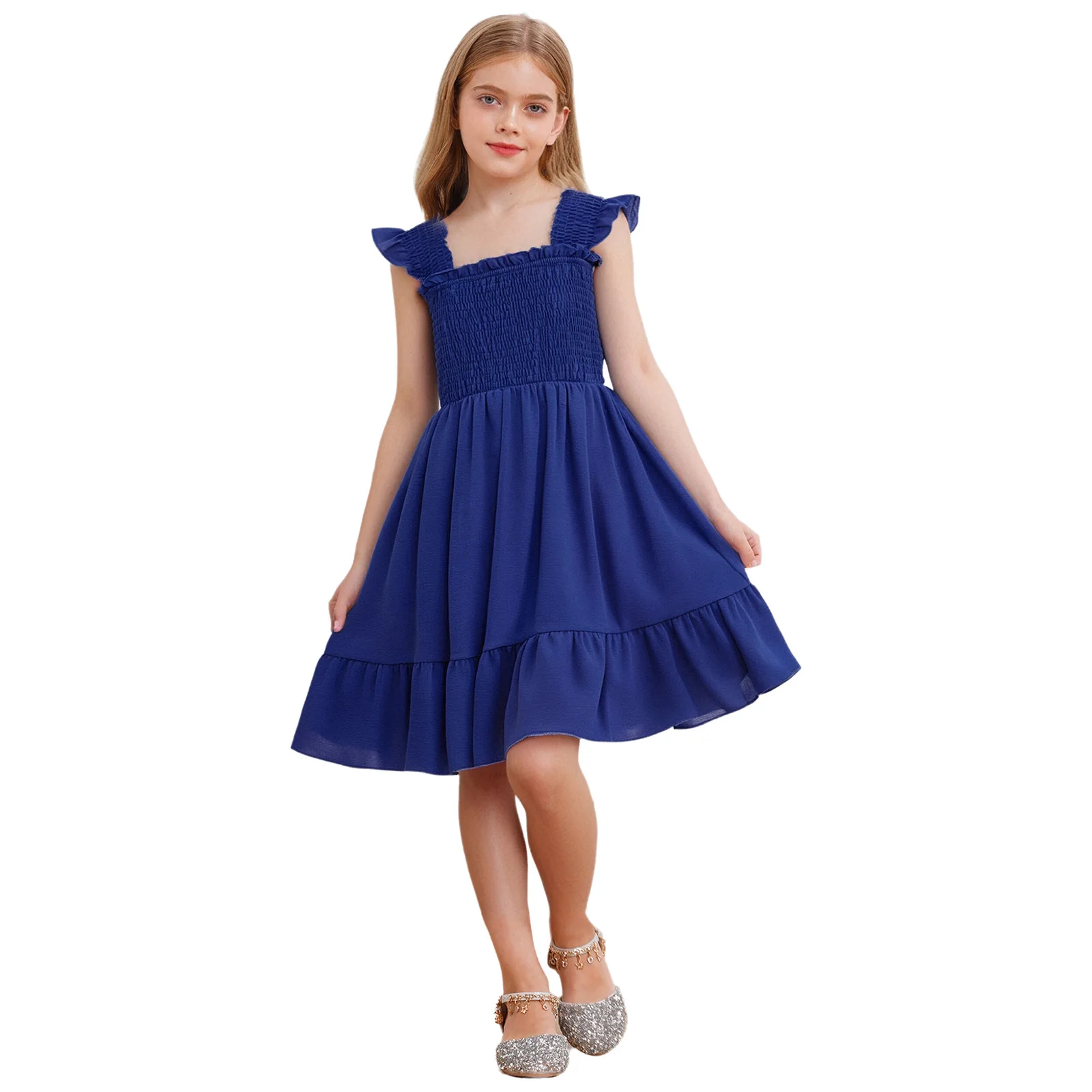 

Kids Girls Dresses Square Neck Ruffle Sleeves Smocked Bodice A-Line Solid Color Dress for Casual Holiday Vacation Party Picnic