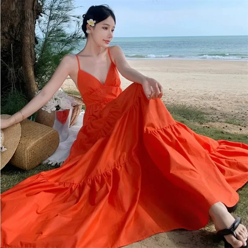 Summer Holiday Orange Camisole Backless Dress Fashion Women Halter Deep V Neck Long Strap Dress Beach Fairy A Line Maxi Dress