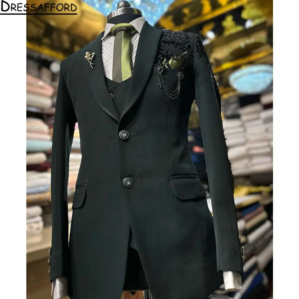 

Blackish Green Sequined Appliques Beading 2 Pieces Blazer Pants Men Suits Tuxedo High Fashion Wedding Prom Plus Size Custom Made